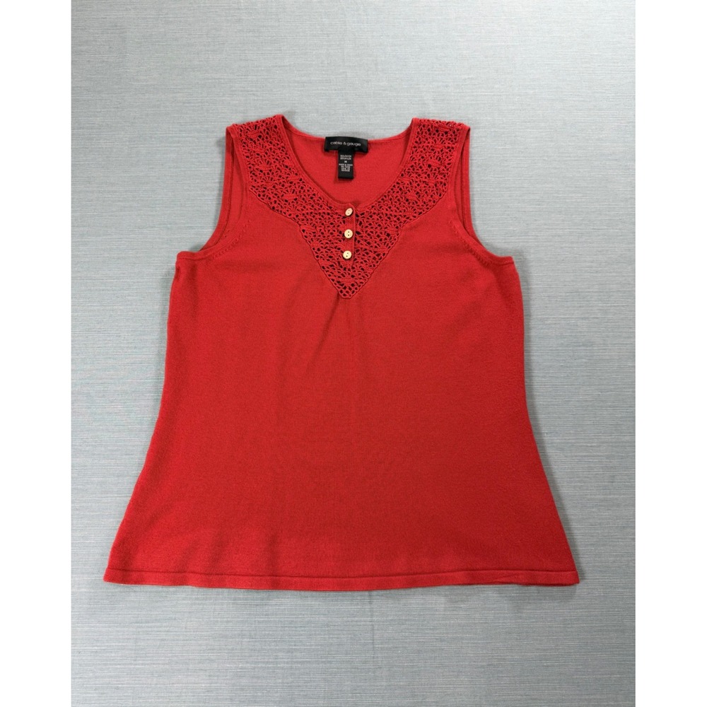 Cable & Gauge Knit Top Womens Medium Red Excellent Crochet Lace Henley Tank